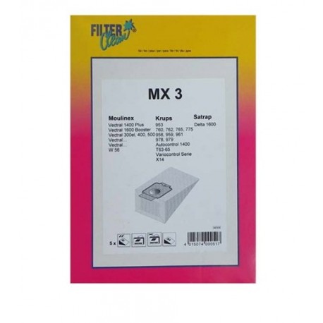 SAC MX3 PAPIER (X5) +3 FILTRES POUR ASPIRATEUR MOULINEX